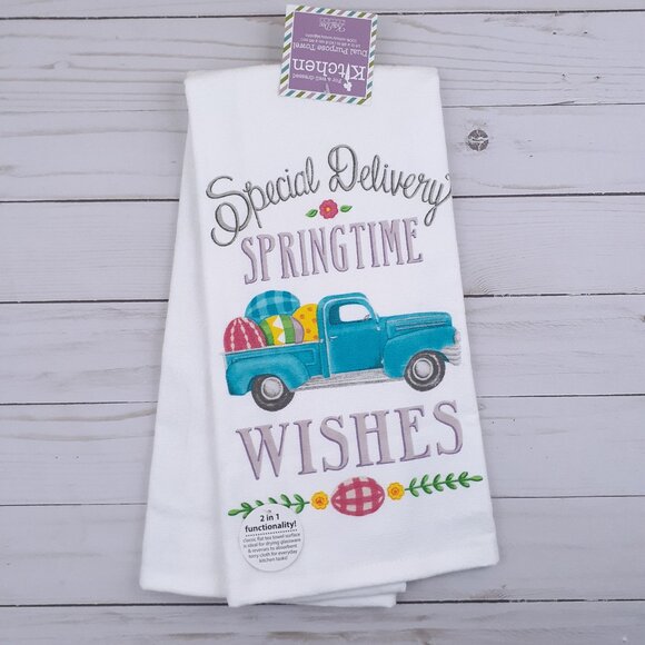 Kitchen Dish Towel Easter Truck Eggs Springtime Wishes Dual Purpose - Picture 1 of 3